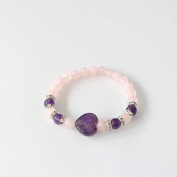 Gyermek és női rózsakvarc - ametiszt szíves karkötő Gyermek és női rózsakvarc - ametiszt szíves karkötő