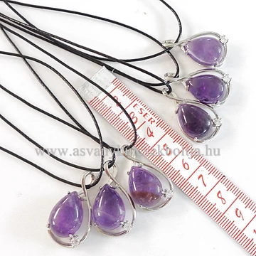 Ametiszt csepp medál foglalatban 45 cm erős viaszolt szálon