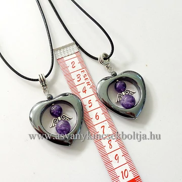 Hematit-ametiszt szíves medál 45 cm  viaszolt szálon Hematit-ametiszt szíves medál 45 cm  viaszolt szálon