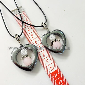 Hematit-rózsakvarc-repesztett hegyikristály szíves medál 45 cm  viaszolt szálon Hematit-rózsakvarc-repesztett hegyikristály szíves medál 45 cm  viaszolt szálon