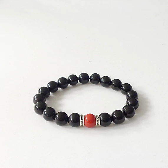 Ónix női - férfi karkötő 10 mm piros gyönggyel