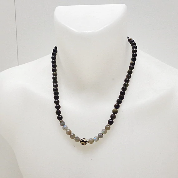 Ezüst obszidián - labradorit férfi lánc 8 mm 55 cm