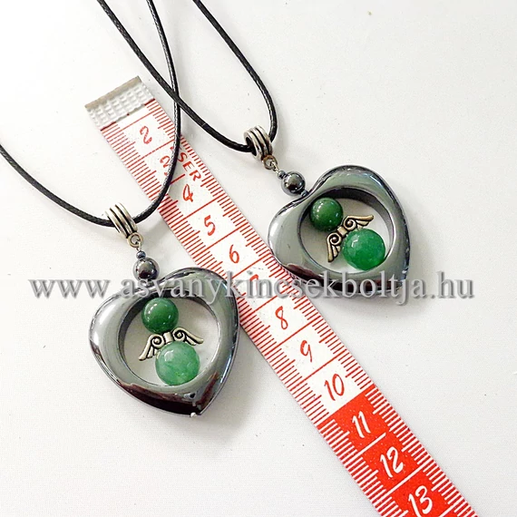 Hematit-fazettált aventurin szíves medál 45 cm  viaszolt szálon