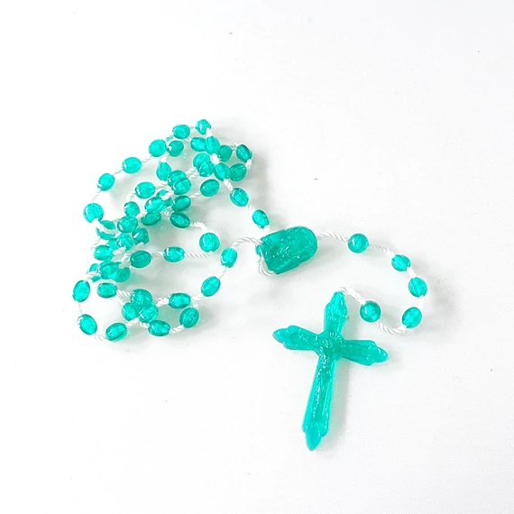 Műanyag, zsinóros, türkiz zöld - 5-tizedes rózsafüzér, tartóval