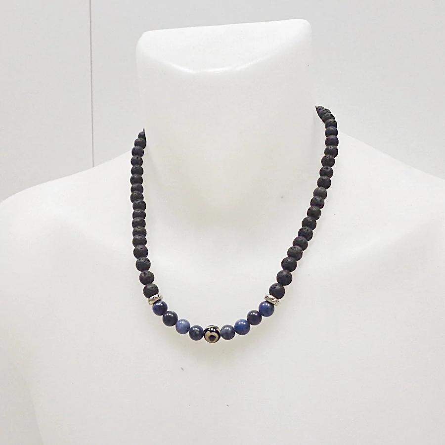 Lávakő-szodalit férfi lánc dzi kővel 8 mm 50 cm