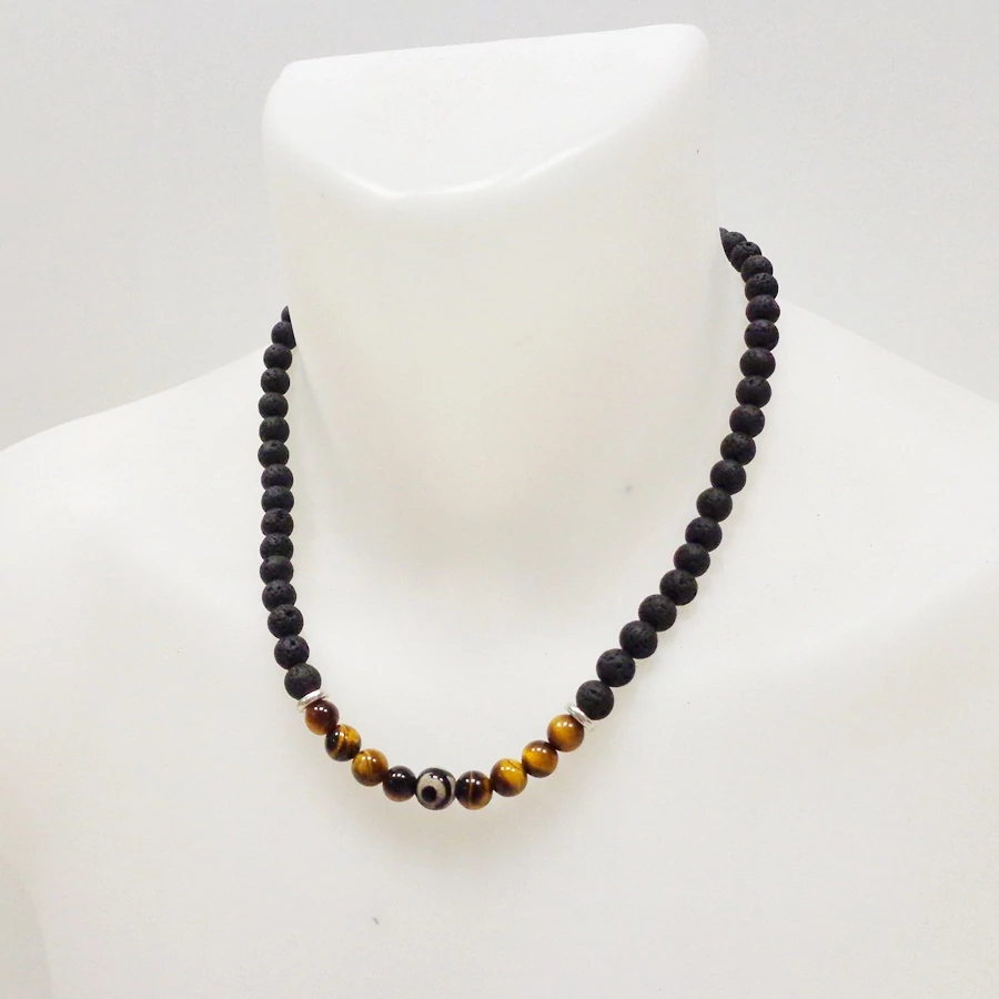 Lávaköves férfi nyaklánc tigrisszemmel 8 mm