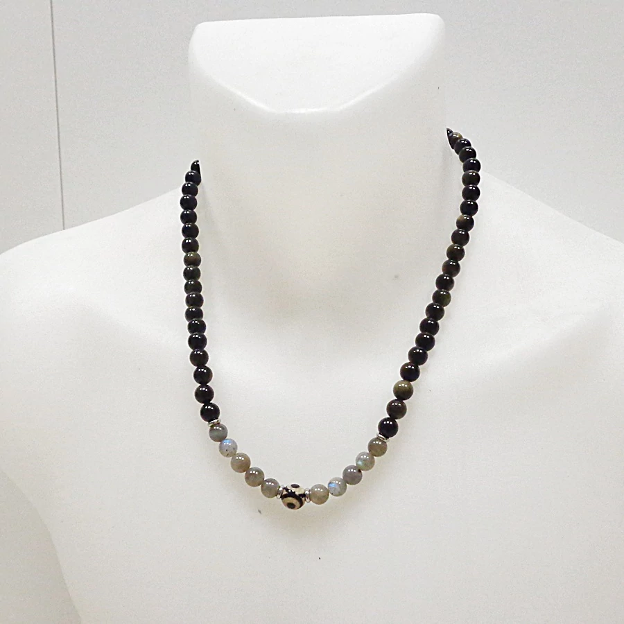 Ezüst obszidián - labradorit férfi lánc 8 mm 55 cm