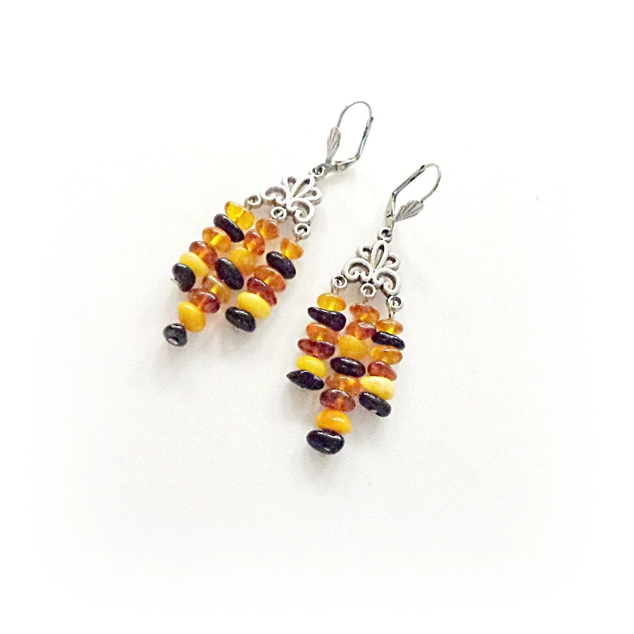 Borostyán többszínű szemcsés 3 ágú fülbevaló