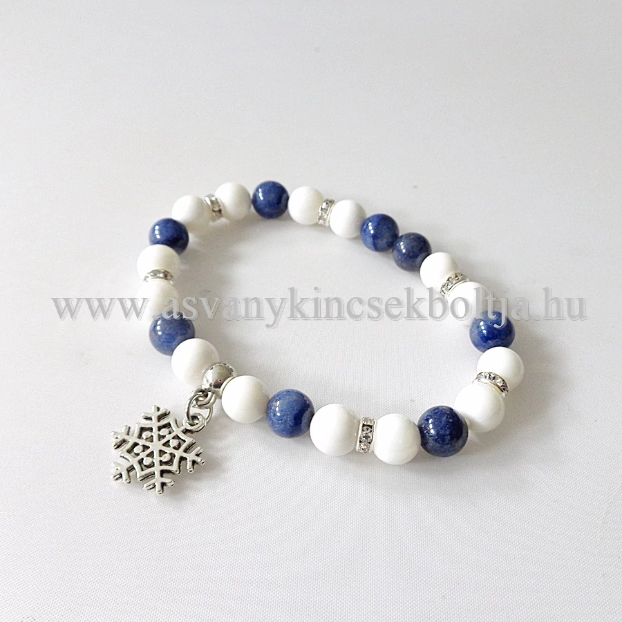 Fehér kagylóhéj - kékkvarc karkötő 8 mm